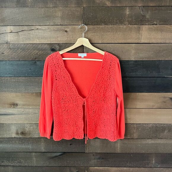 Joseph A Bright Orange Floral Tie Front Cardigan Sweater - Picture 2 of 10
